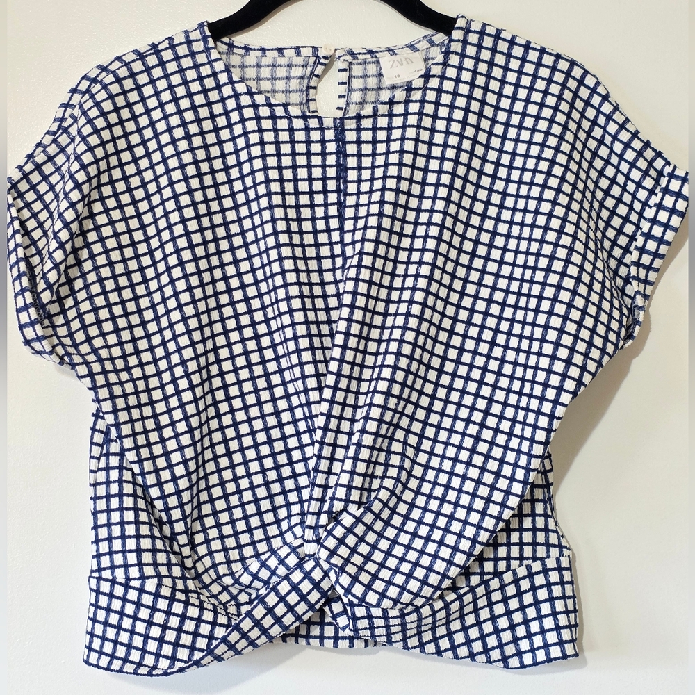 Zara Blue and White Checked Twist-Hem Blouse